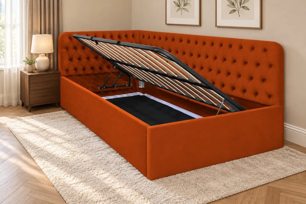 Pat tapițat pentru copii din catifea Elyra 140×200 cm, cărămiziu, colț dreapta, cu ladă de depozitare