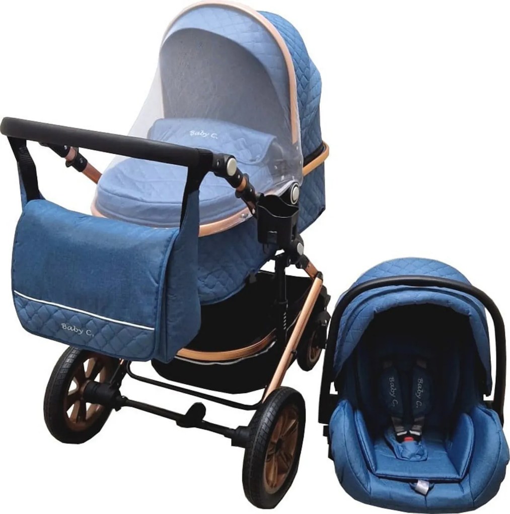 Carucior nou nascuti 3 in 1 Baby Care™ PRO 530, Cu geanta bebe, Cadru Aluminiu , Amortizoare, Roti din cauciuc plin AVE, Landou, Scoica auto, Spatar