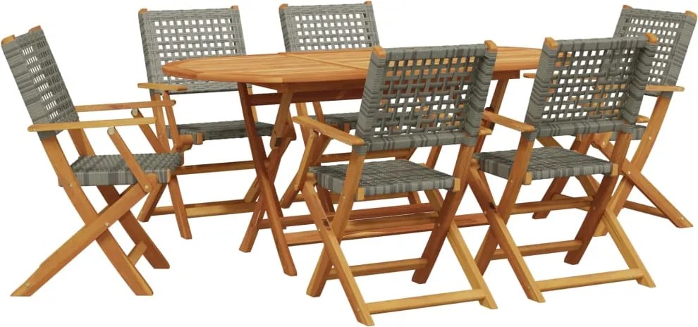 vidaXL Set masă pentru grădină, 7 piese, gri, poliratan/lemn masiv