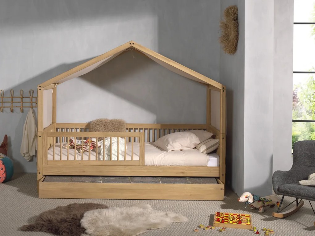 Set FORREST OAK format dintr-un Pat copii Vipack (90 x 200 cm), un sertar, o bară de siguranță și un set de textile.