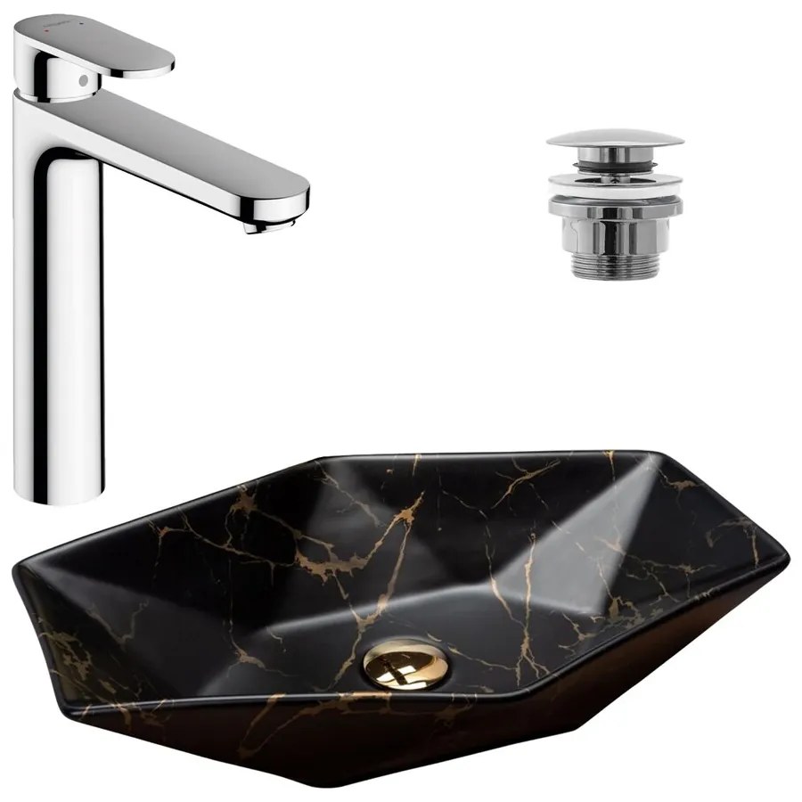 Pachet lavoar pe blat Rea Cleo alb 61 cm, baterie lavoar Hansgrohe Vernis Blend negru si ventil lavoar Click-Clack D negru