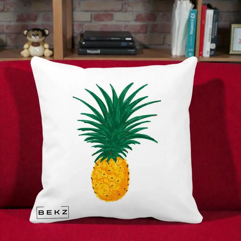 Perna Decorativa Ananas Tropical, 40x40 cm, Alba Mata, Husa Detasabila, Perna Inclusa, BEKZ®