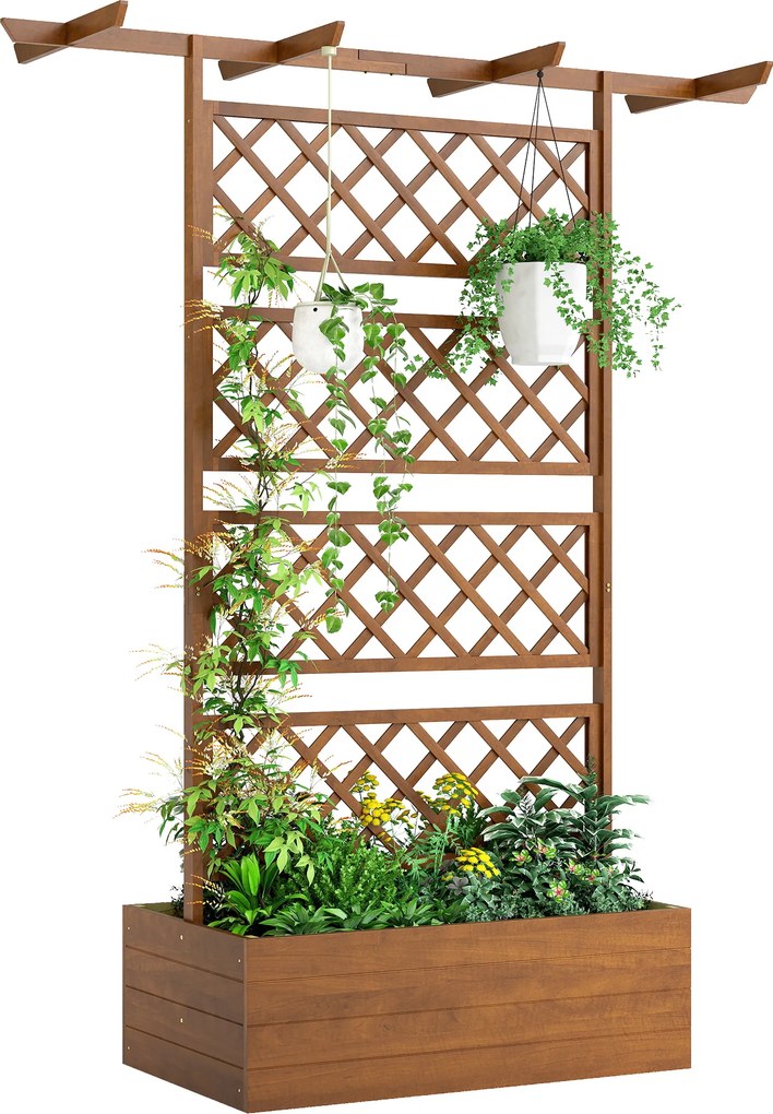Outsunny Jardinieră cu grilaj, cutie de plante pătrată din lemn cu spalier posterior pentru plante cățărătoare și acoperiș | Aosom Romania
