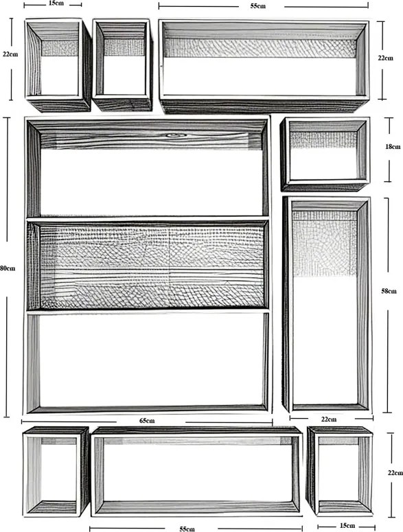 Etajeră de perete din lemn de pin, modulară, natur, set de 9 piese, cu cadre deschise, aspect rustic, 120 x 87 x 11,5 cm, „Sarlat”