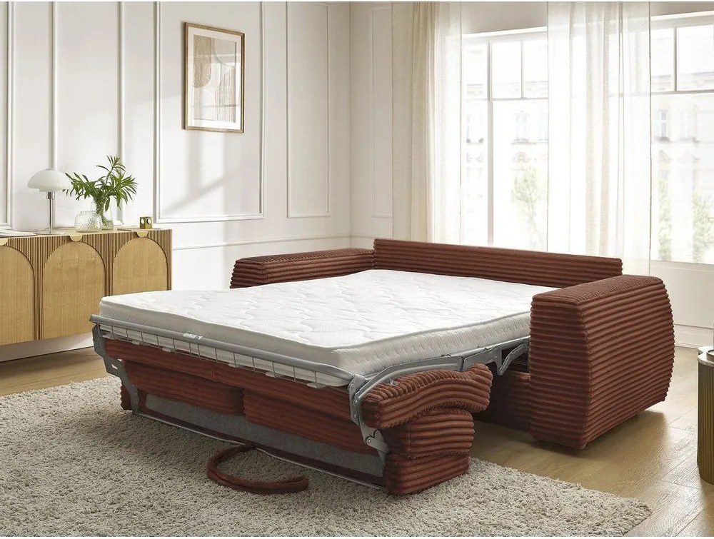 Canapea portocalie pentru dormitul zilnic/extensibilă cu tapițerie din catifea reiată 220 cm Hugo – Bobochic Paris