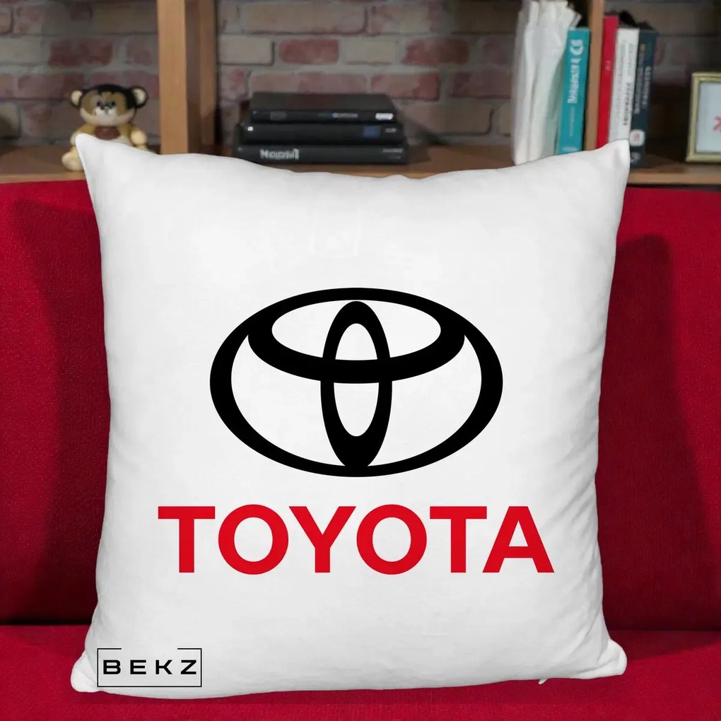 Perna Personalizata cu emblema Toyota, 40x40 cm, Alb Pufos, Husa Detasabila, Perna Inclusa, BEKZ®