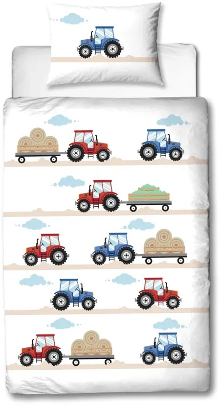 Lenjerie de pat flanelata pentru copii TRACTOR alba Dimensiune lenjerie de pat: 80 x 80 cm | 135 x 200 cm