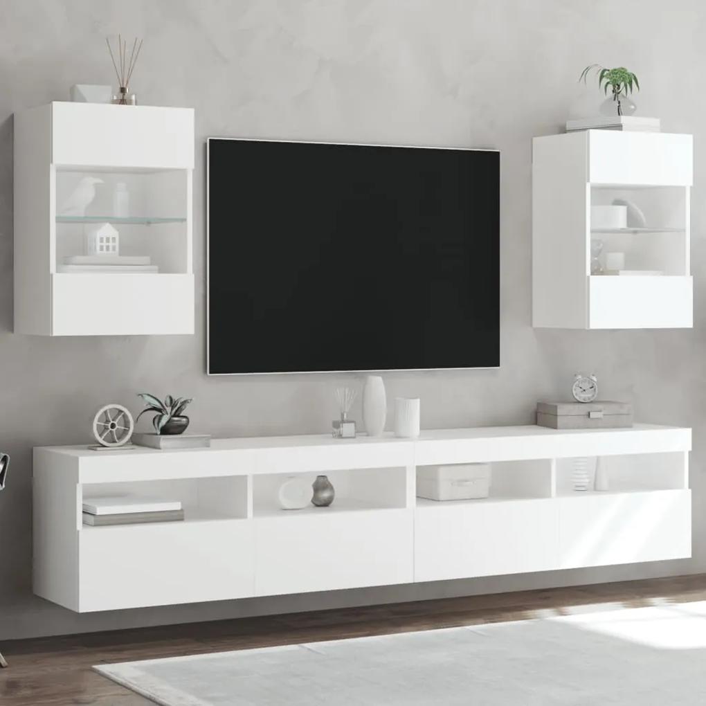 837079 vidaXL Comode TV de perete cu lumini LED, 2 buc., alb, 40x30x60,5 cm
