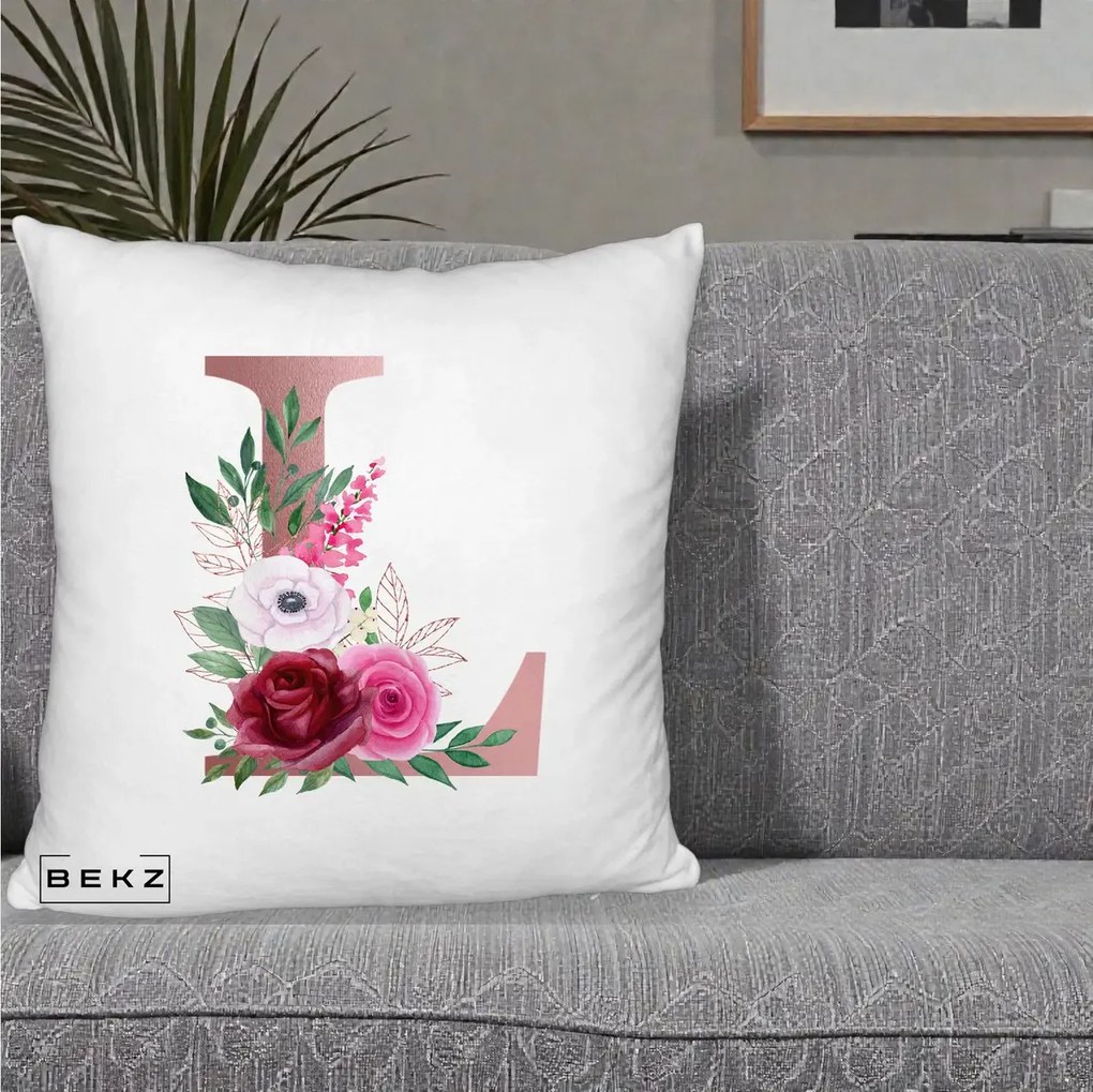 Cadou Personalizat - Perna Personalizata Monograma Rose Gold Litera L, 40x40 cm, Alb Pufos, Husa Detasabila, Perna Inclusa, BEKZ®