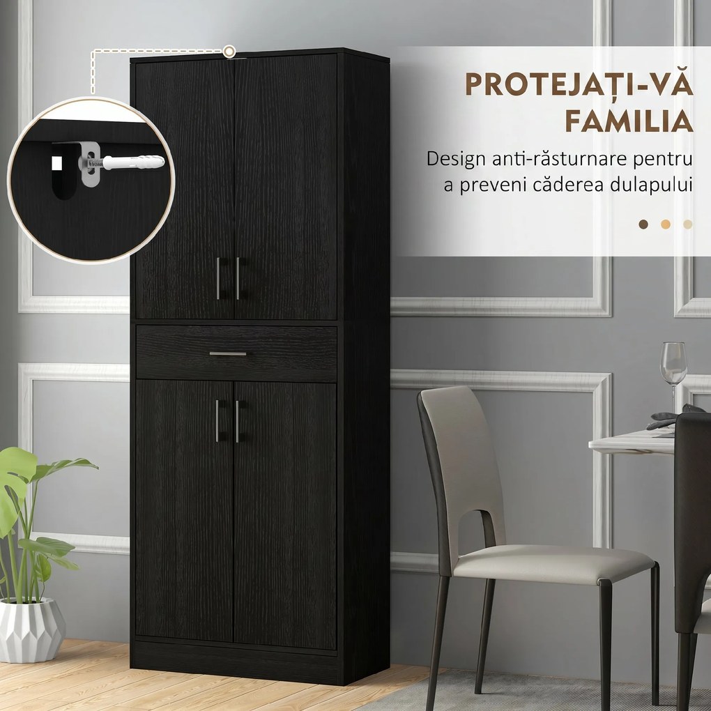 HOMCOM Dulap Bucătărie Înalt cu 4 Uși, Sertar Mare, Polițe Reglabile, 70,8 x 34 x 180 Cm, Negru | Aosom Romania