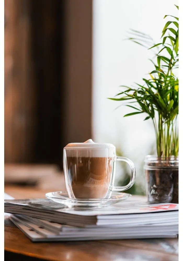 Set 2 pahare din sticlă cu perete dublu și farfurioară Vialli Design, 250 ml