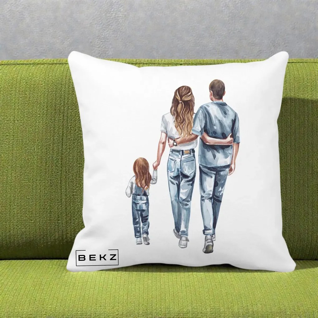 Cadou pentru Familie - Perna Personalizata Familie Acuarela Jeans, 40x40 cm, Alba Mata, Husa Detasabila, Perna Inclusa, BEKZ®