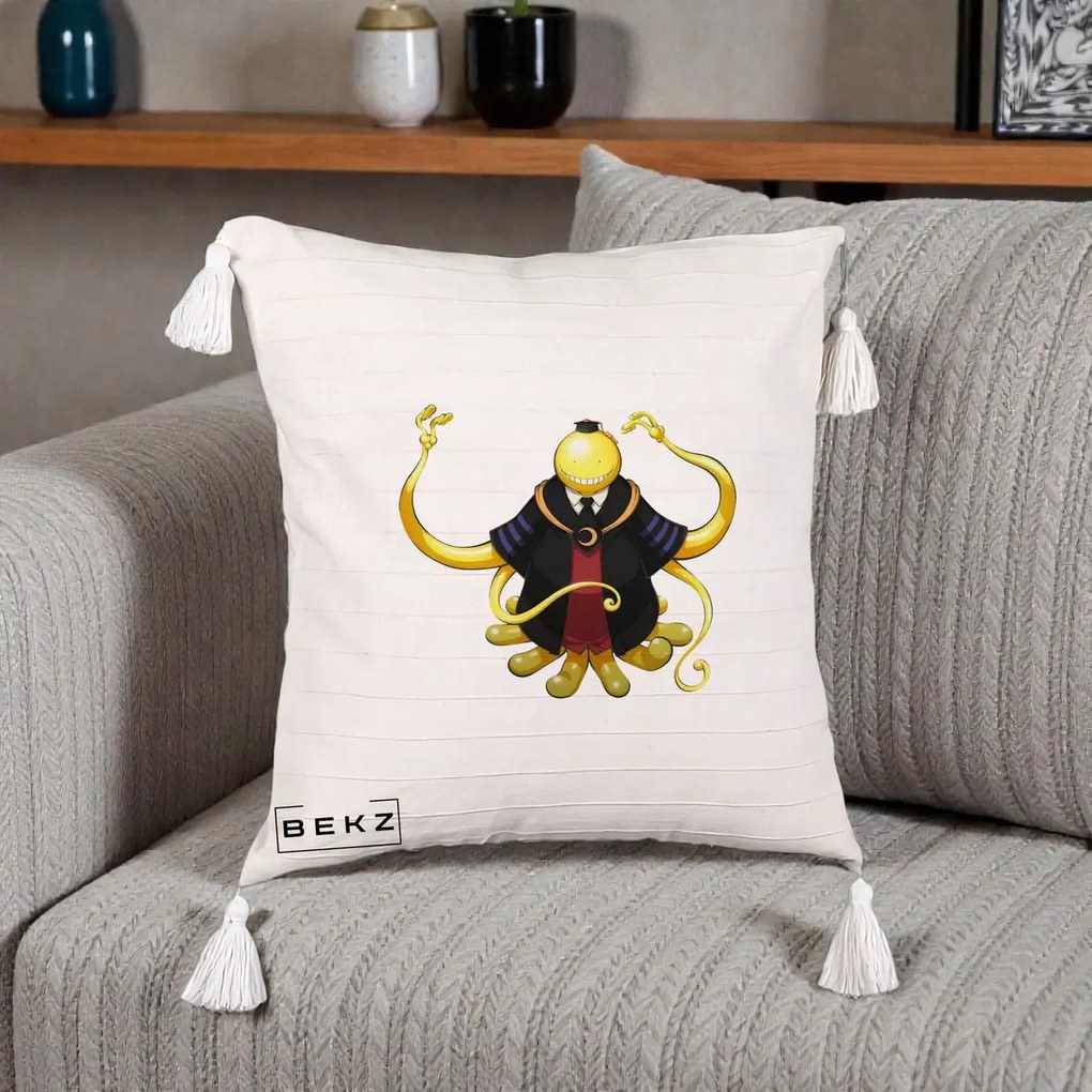Perna Personalizata Assassination Classroom Koro-sensei, 40x40 cm, Bej cu Franjuri, Husa Detasabila, Perna Inclusa, BEKZ®