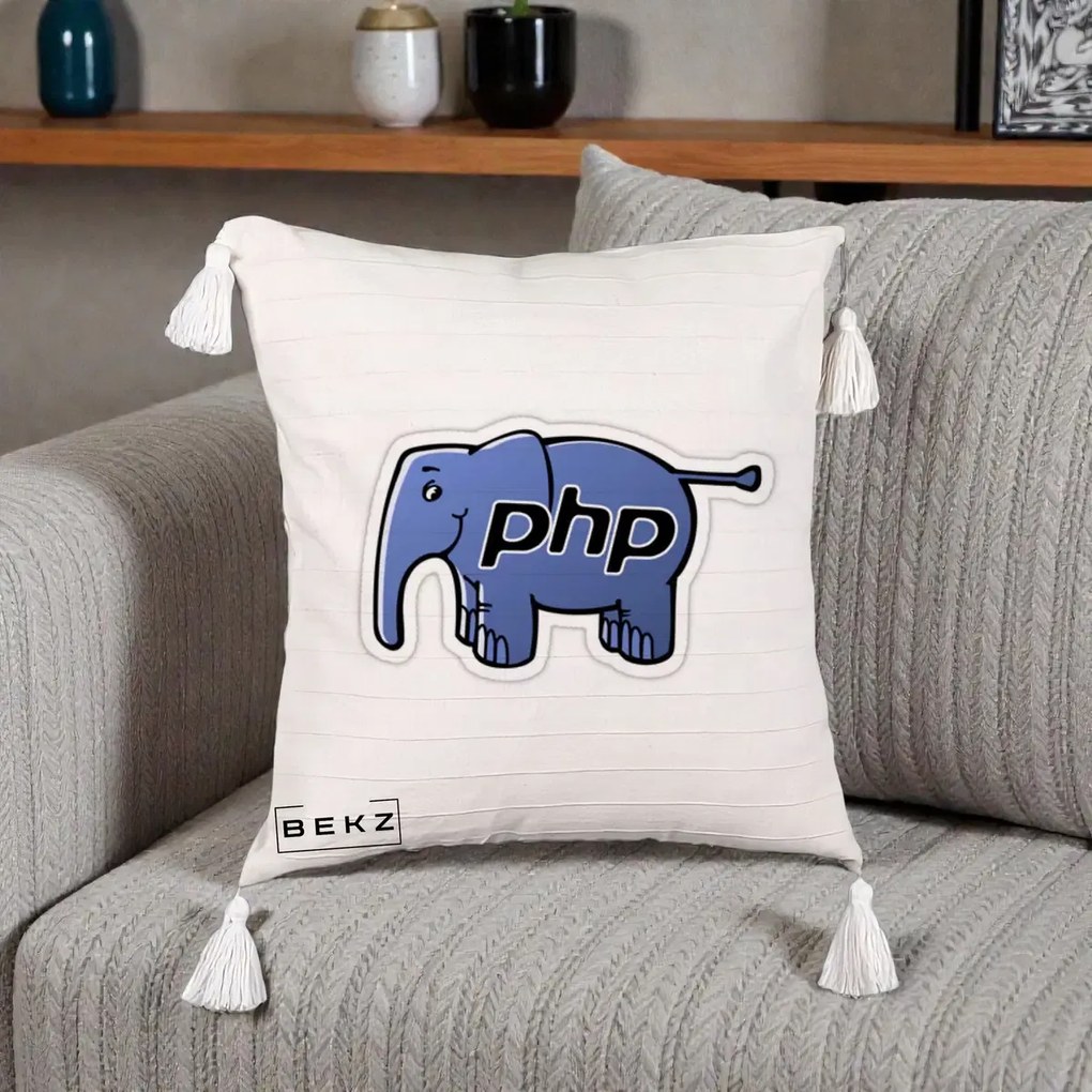 Perna Personalizata PHP Elephant, 40x40 cm, Bej cu Franjuri, Husa Detasabila, Perna Inclusa, BEKZ®
