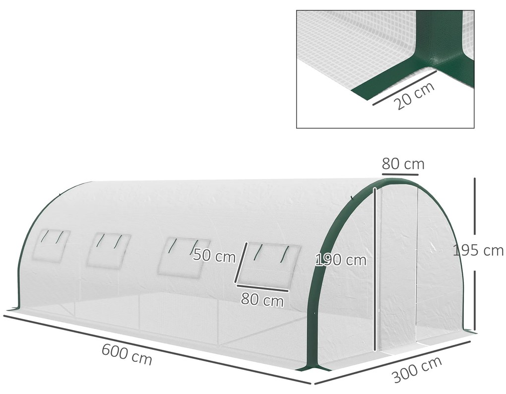 Outsunny Seră Tip Tunel cu 2 Uși, Balamale și 8 Ferestre, 600x300x200 cm, Alb | Aosom Romania