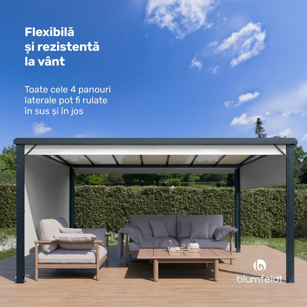 Blumfeldt Pantheon Cortina Solid Sky Pergola 3x4, rezistent la intemperii, acoperit cu pulbere, panouri laterale