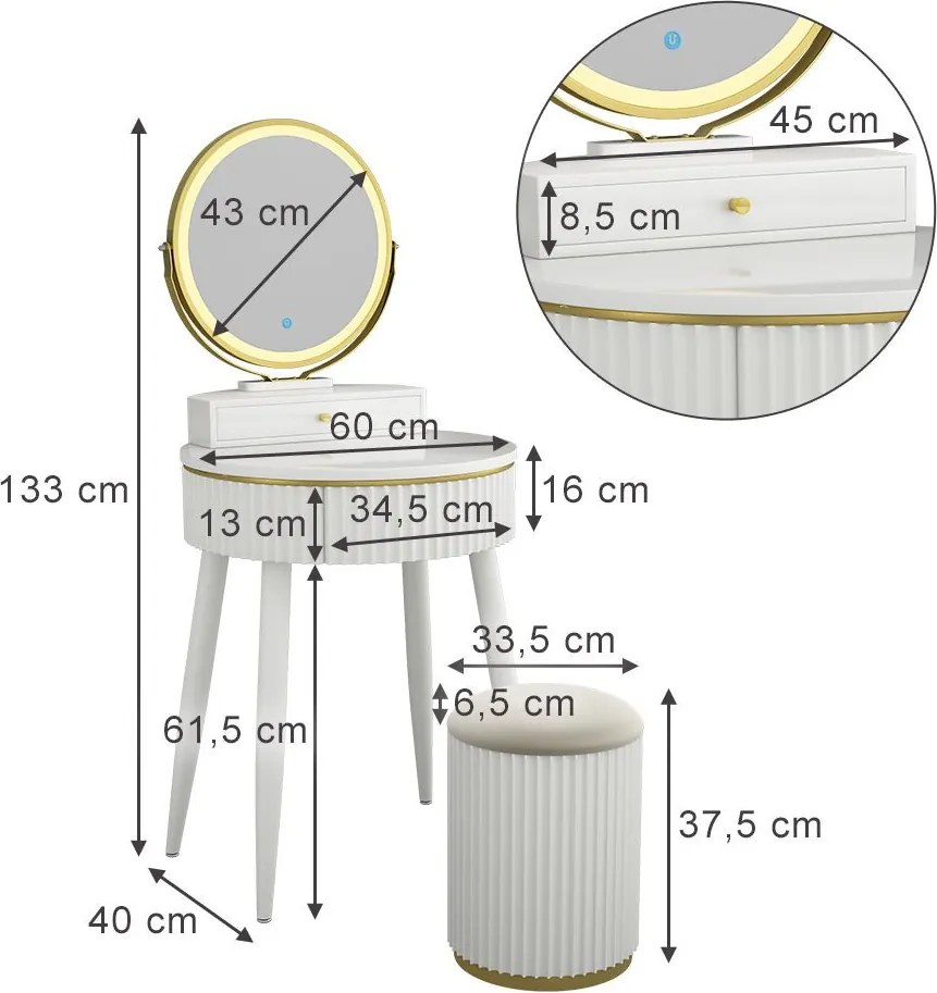 Masuta machiaj cu Oglinda LED si 1 Sertar pentru Cosmetice, Set Masa toaleta 60 cm, Alb, masuta vanity cu Riflaj, cosmetica - SEA459