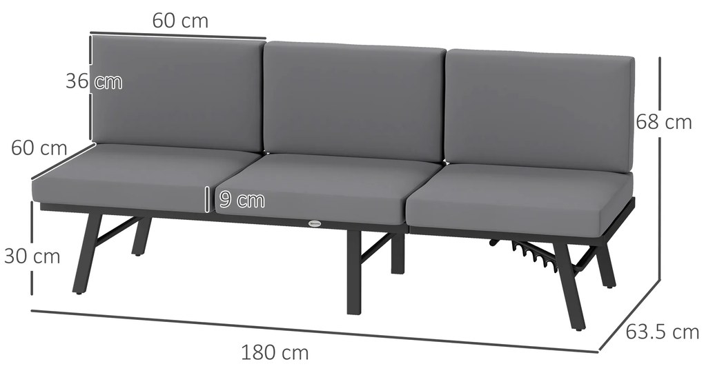 Outsunny Canapea de Grădină 3 în 1 Convertibilă și Reglabilă în 5 Poziții cu Perne, 180x63.5x68 cm, Gri | Aosom Romania