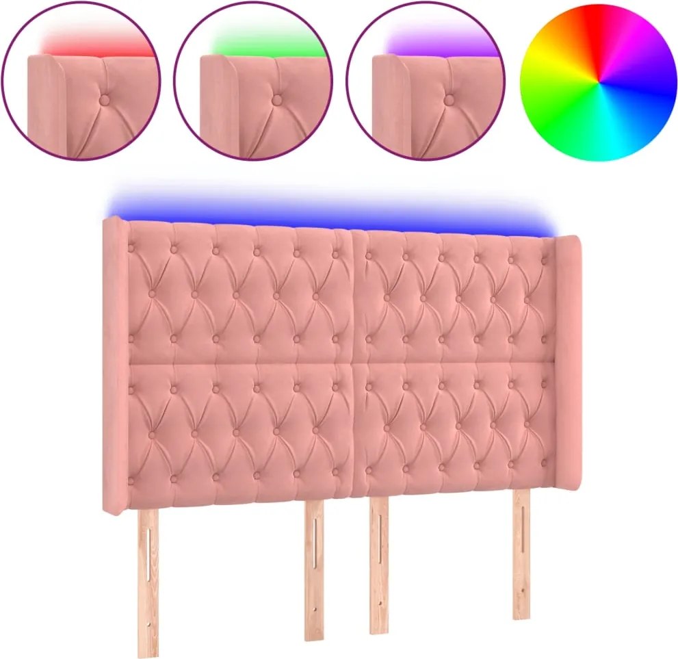 vidaXL Tăblie de pat cu LED, roz, 163x16x118/128 cm, catifea