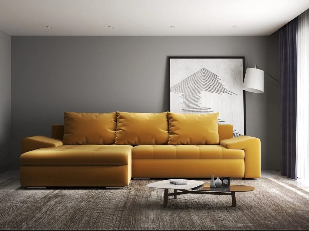 Colțar extensibil dumonde cu ladă de depozitare si sezut confortabil din spuma high-density, Leonardo Royal Mustar 260x185 cm