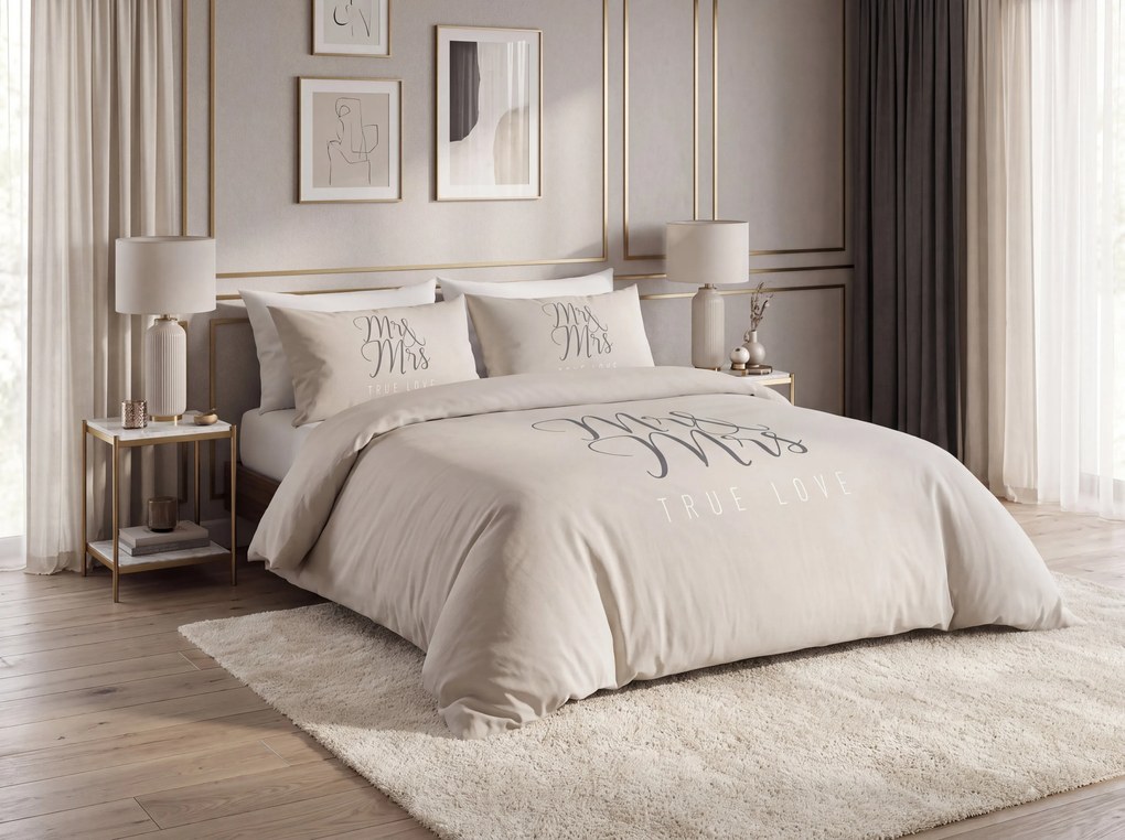 Lenjerie de pat din bumbac Mr & Mrs, bej-gri Dimensiune lenjerie de pat: 60 x 70 cm | 140 x 200 cm