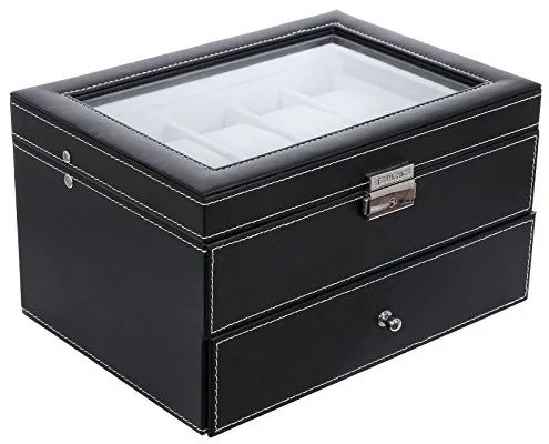 Cutie pentru Ceasuri cu 2 Nivele, MDF / Catifea, Negru, Vasagle, JWB020