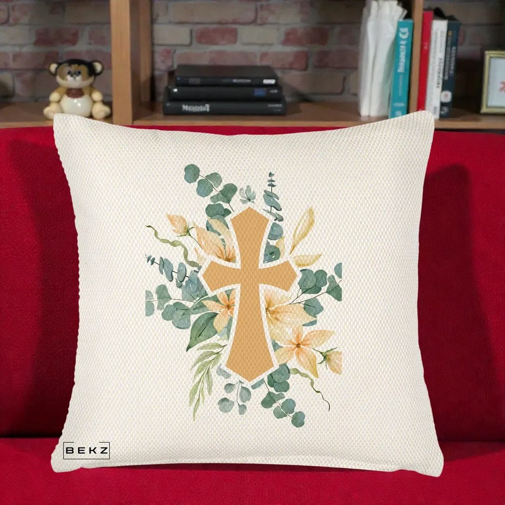 Perna Personalizata Cruce Florala Botez, 40x40 cm, Crem Reliefat, Husa Detasabila, Perna Inclusa, BEKZ®