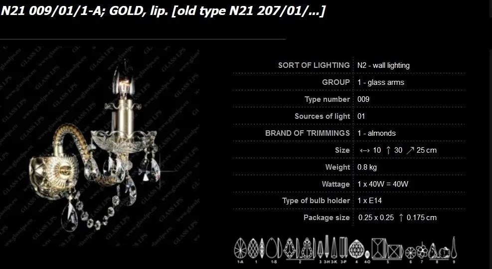 Aplica cristal Bohemia N21 009/01/1-A, GOLD, lip.