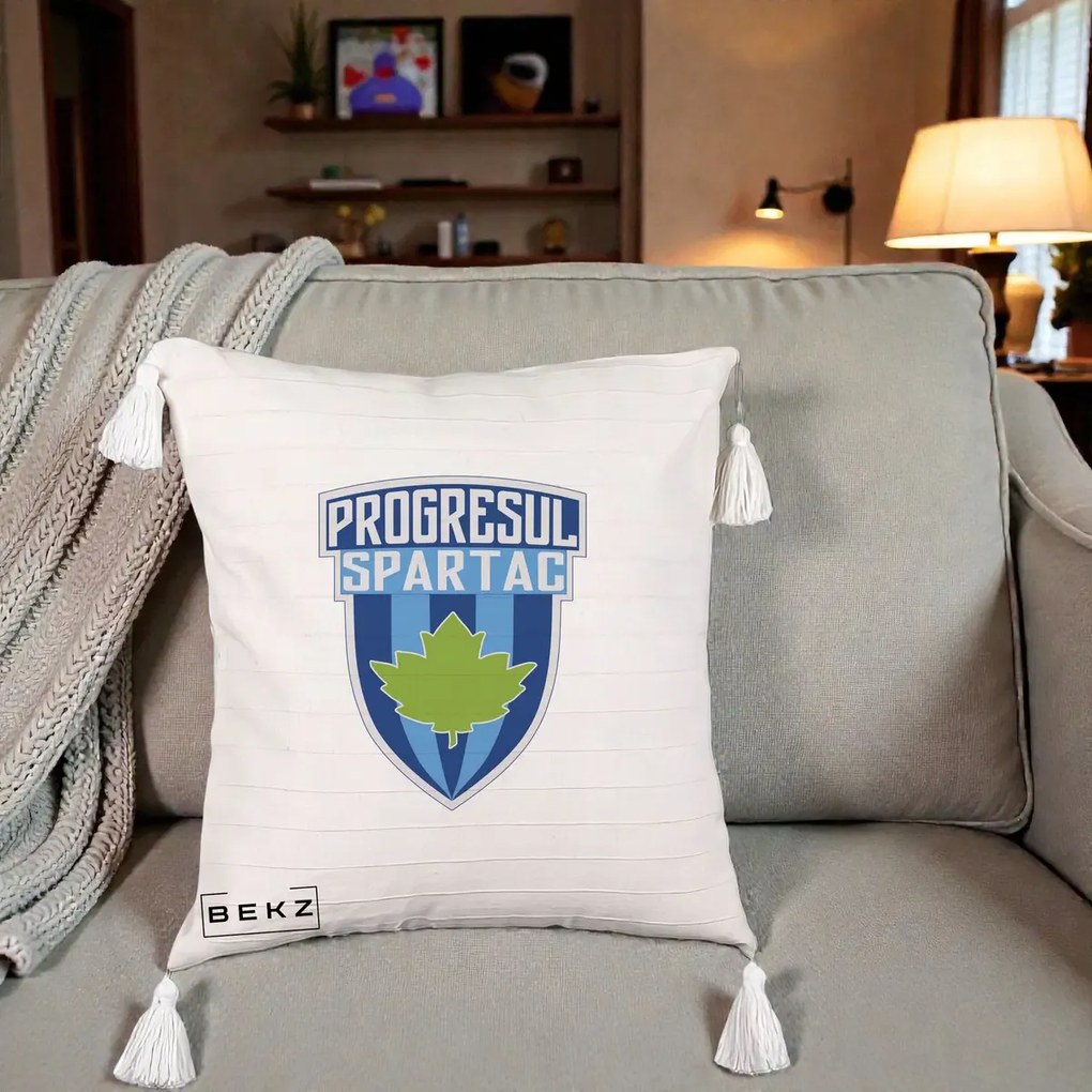 Perna Personalizata Progresul Spartac Fotbal, 40x40 cm, Bej cu Franjuri, Husa Detasabila, Perna Inclusa, BEKZ®