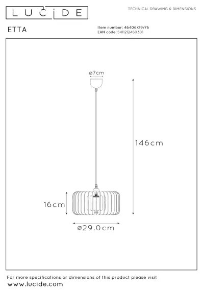 Lustră pe cablu ETTA 1xE27/40W/230V d. 29 cm lemn Lucide 46406/29/76