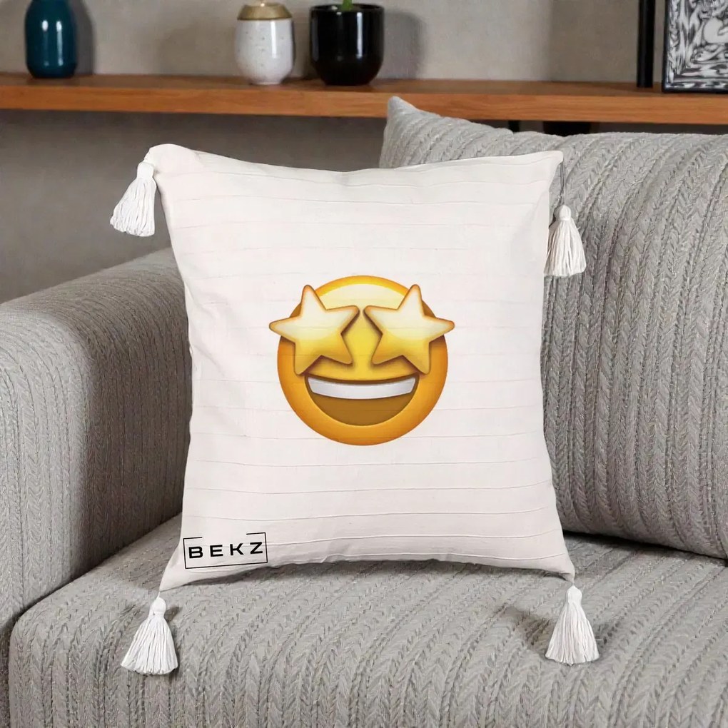 Perna Decorativa Emoji Ochi Stele, 40x40 cm, Bej cu Franjuri, Husa Detasabila, Perna Inclusa, BEKZ®