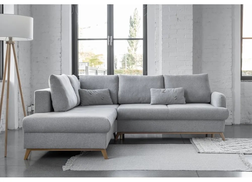 Colțar gri deschis extensibil/cu spațiu de depozitare (cu colț pe partea stângă/în formă de ”L”) Scandic Lagom – Miuform