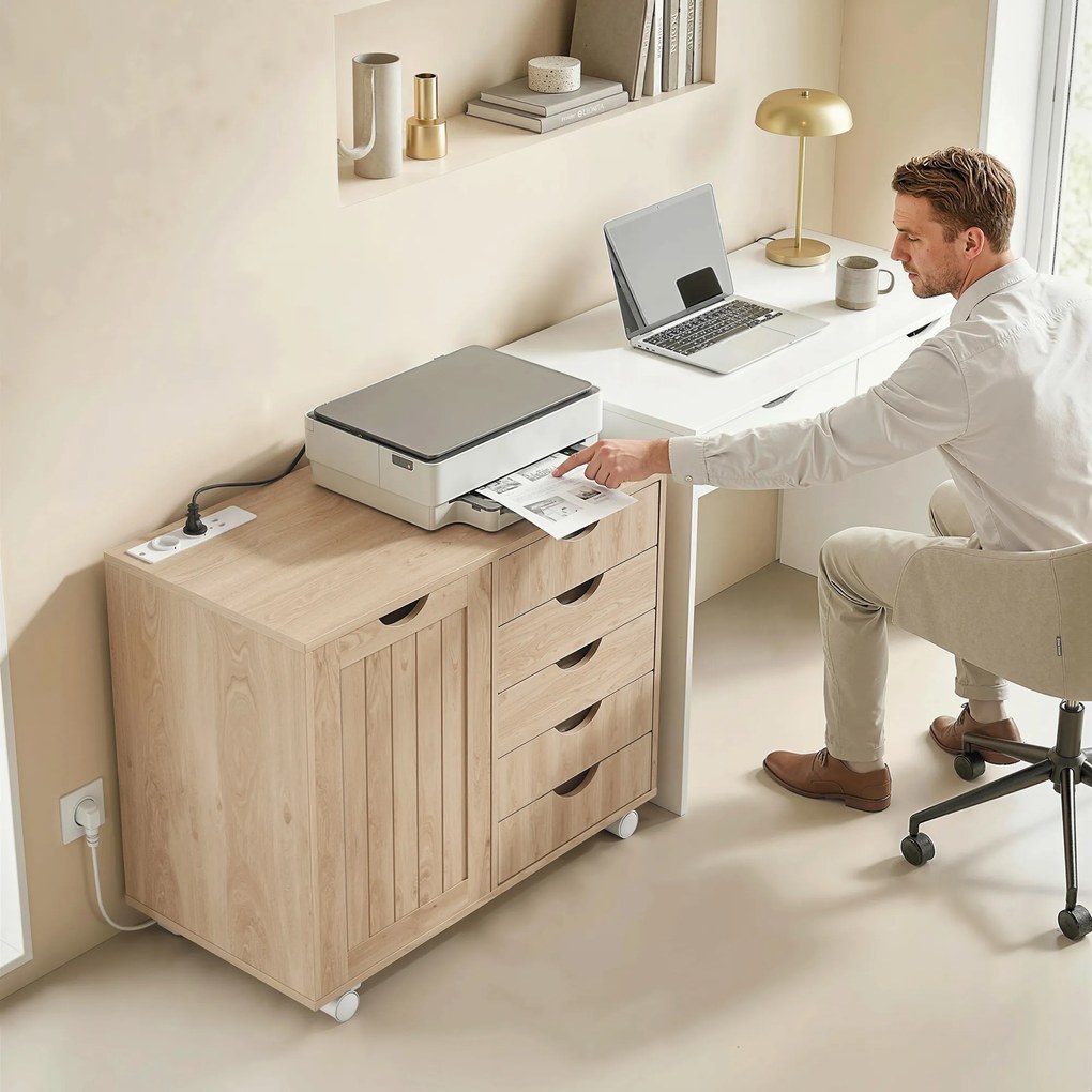HOMCOM Mobilier pentru imprimantă cu stație de încărcare și roți 5 sertare porturi USB poliță reglabilă natural | Aosom Romania