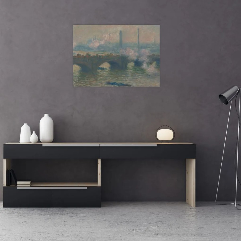 Tablou pe sticlă - Claude Monet, Waterloo Bridge, Gray Day, reproducere (70x50 cm)