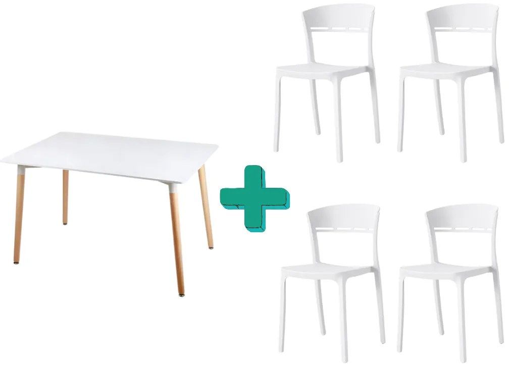 Set de sufragerie 1+4, masa alba BERGEN 120x80cm si scaun alb din plastic COCO