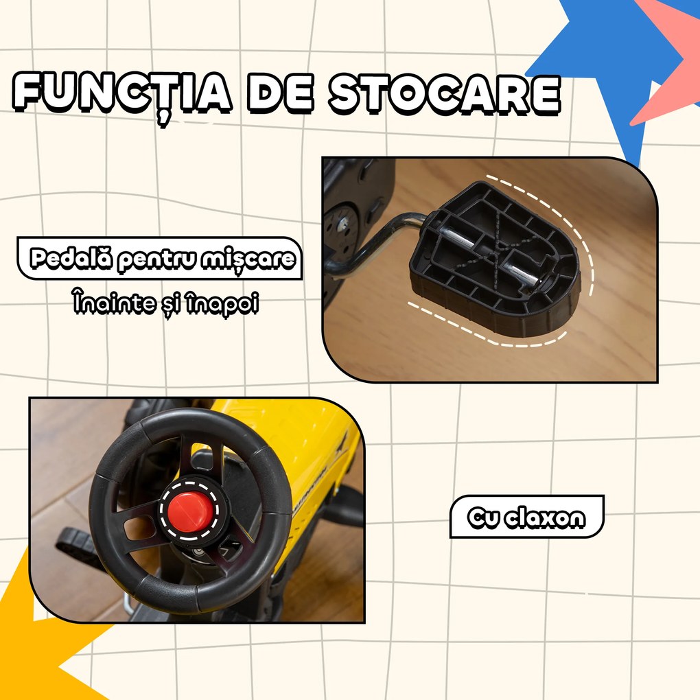 HOMCOM Tractor de Pedalat pentru Copii de 3+ Ani cu Remorcă, Greblă, Lopată și Claxon, 133x42x51 cm, Galben | Aosom Romania