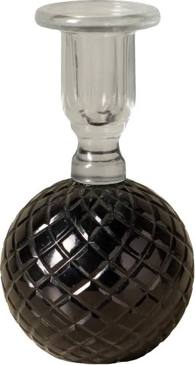Sfeșnic din sticlă neagră cu bază sferică cu reliefuri romboidale și suport cilindric transparent, finisaj lucios, 16×9 cm, „Verelune"