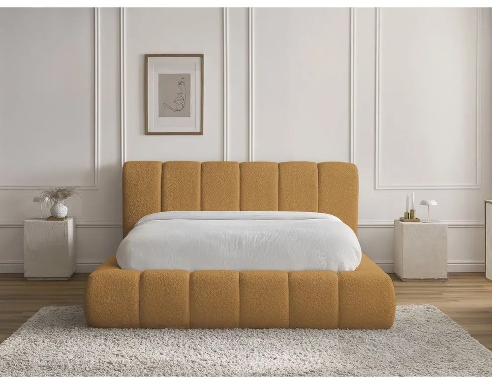 Pat matrimonial galben muștar tapițat cu spațiu de depozitare cu somieră 160x200 cm Denali – Bobochic Paris