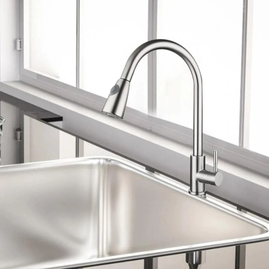 Baterie Bucătărie cu Duș Extractibil, Inox Satinat, Model CF017 – Design Elegant și Practic pentru Confortul Bucătăriei