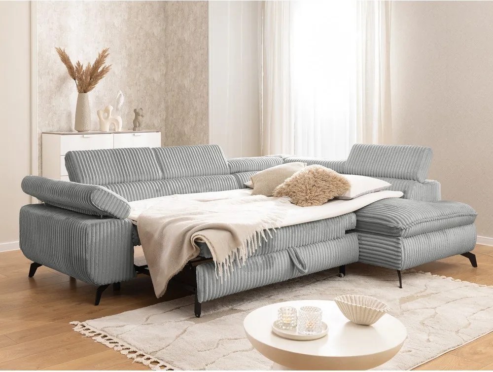 Colțar gri deschis cu tapițerie din catifea reiată (cu colț pe partea dreaptă/în formă de ”L”) Marbeya – Ropez