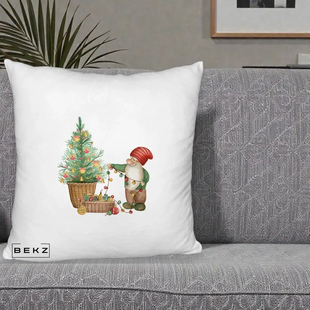 Perna Decorativa Pitic de Craciun cu Brad, 40x40 cm, Alb Pufos, Husa Detasabila, Perna Inclusa, BEKZ®