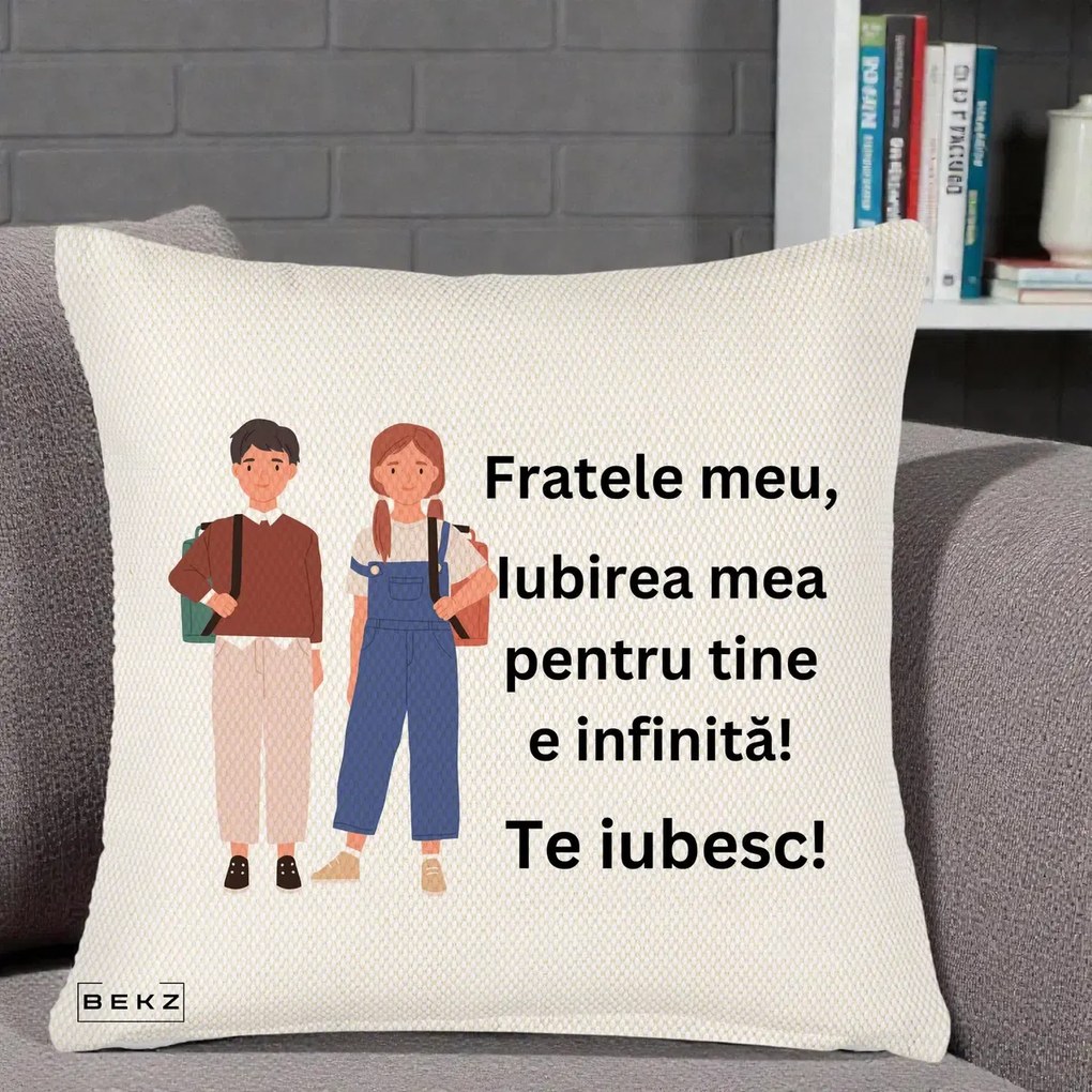 Cadou pentru Frate - Perna Personalizata Fratele Meu Te Iubesc Elevi Ilustratie Colorata, 40x40 cm, Crem Reliefat, Husa Detasabila, Perna Inclusa, BEKZ®