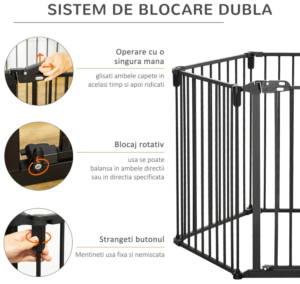 PawHut Poartă de Siguranță Pliabilă cu 6 Secțiuni pentru Câini cu Sistem Automat de Blocare și Închidere, 362,5x2x76 cm, Negru | Aosom Romania