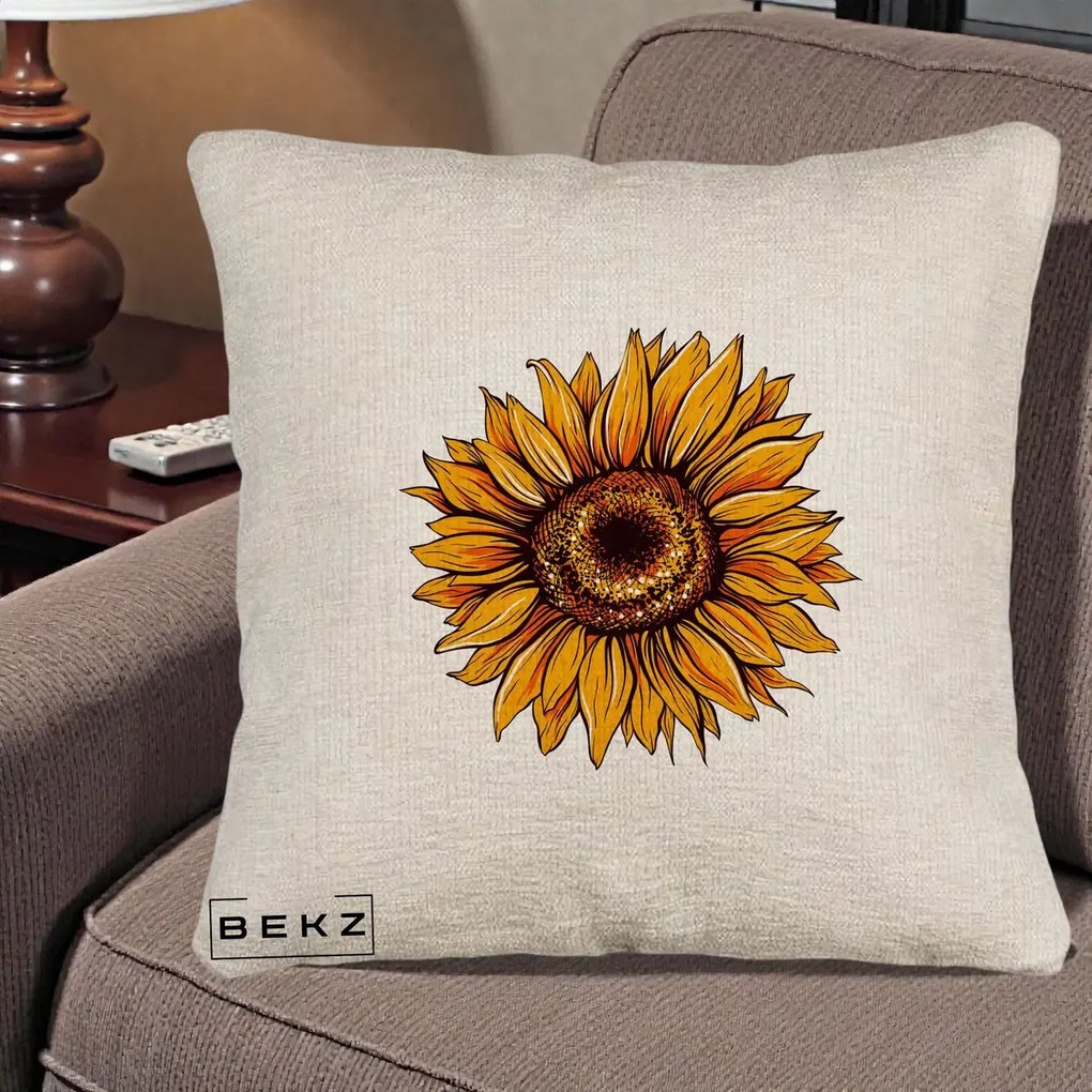 Perna Decorativa Floarea Soarelui Vibranta, 40x40 cm, Bej Canapea, Husa Detasabila, Perna Inclusa, BEKZ®