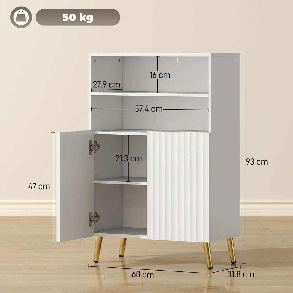 HOMCOM Dulap de Baie cu 2 Rafturi Deschise și Dulap, Dulap Compact cu Uși Amortizate, Raft Reglabil, pentru Bucătărie Living, 60x31.8x93 cm, Alb | Aosom Romania