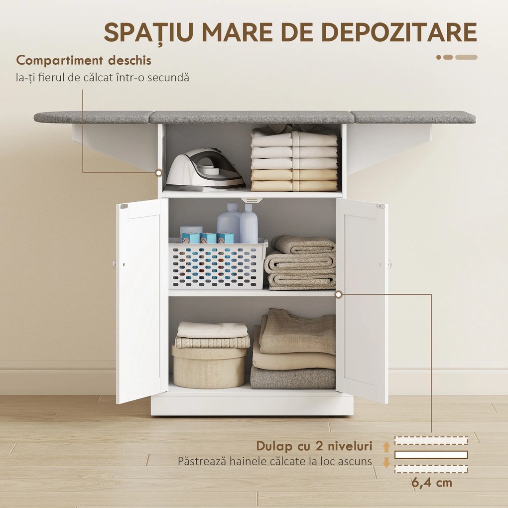 HOMCOM Masă de călcat cu suprafață pliabilă și dulap pentru depozitare, 131x37x88.5 cm, alb | Aosom Romania