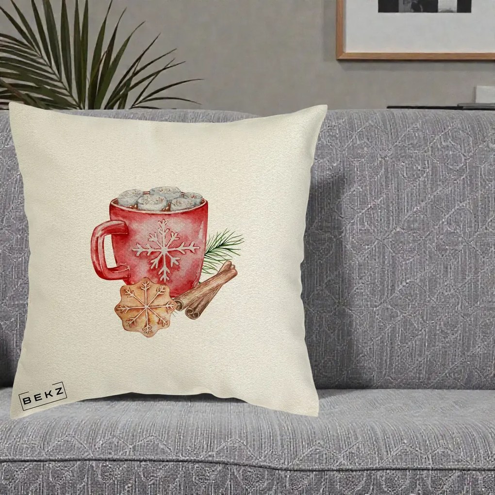 Perna Decorativa Cacao de Iarna cu Biscuit, 40x40 cm, Ecru, Husa Detasabila, Perna Inclusa, BEKZ®
