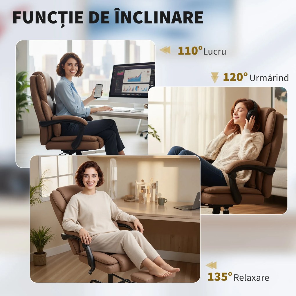 Scaun de birou ergonomic HOMCOM reclinabil 140° cu reposapiede și pernă, scaun de birou din piele ecologică anti-zgârieturi, ușor de curățat, brațe îmbunătățite, pivotant și reglabil pe înălțime, maro | Aosom Romania