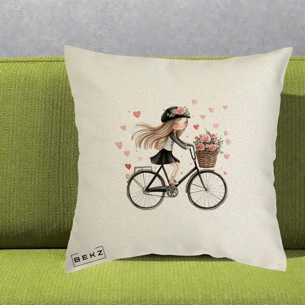 Perna Decorativa Fetita Kawaii pe Bicicleta cu Trandafiri si Inimioare, 40x40 cm, Ecru, Husa Detasabila, Perna Inclusa, BEKZ®