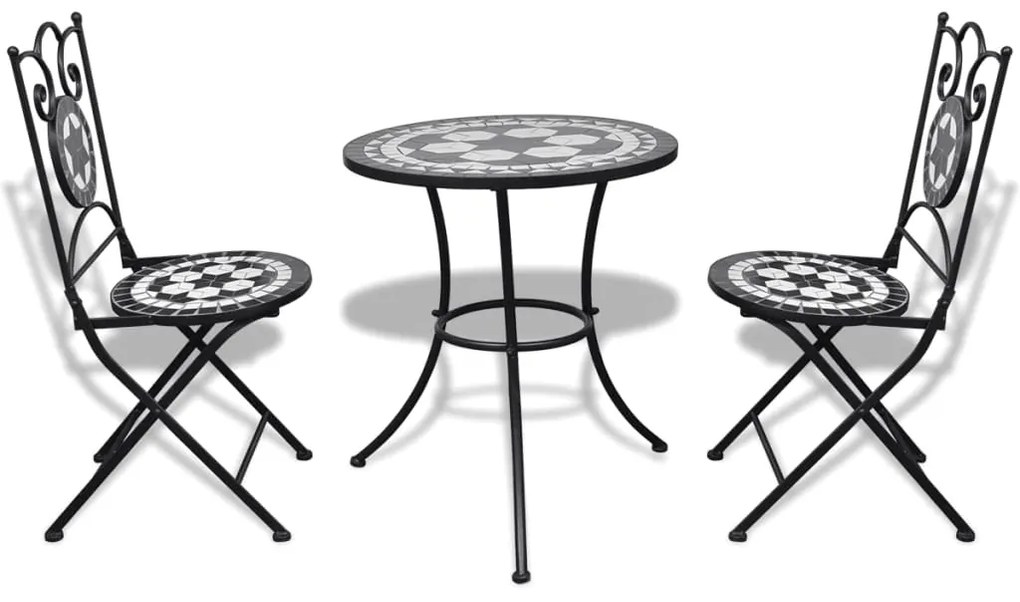 271772 vidaXL Set mobilier bistro, 3 piese, negru/alb, plăci ceramice